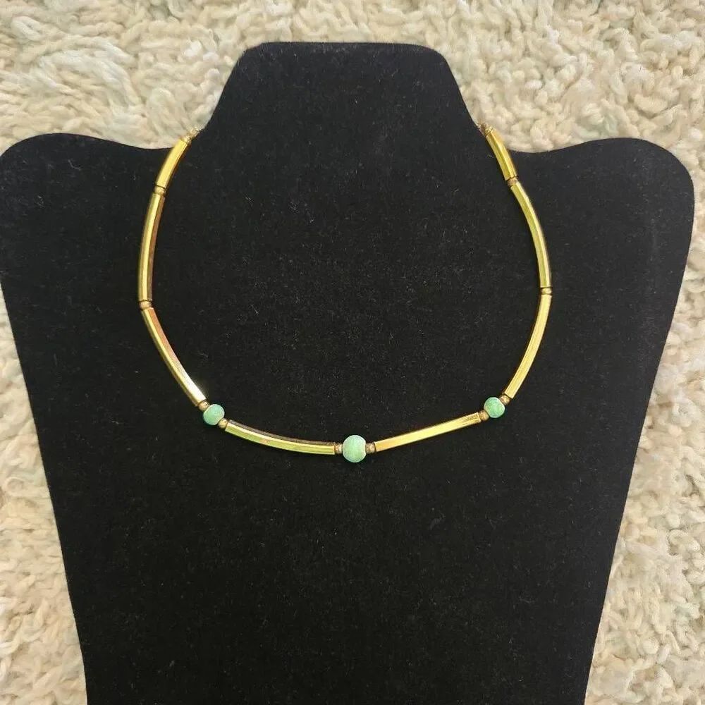 Vintage Gold Bar & Green Bead Choker Necklace